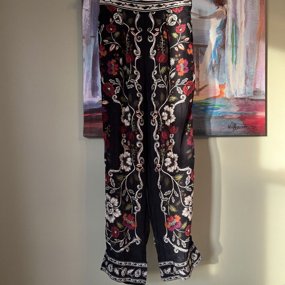Farm Rio Black Rococo Sz S Flower Straight Leg Floral Pants Trouser